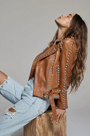 Brown Women’s Leather Jacket with Silver Studded Details