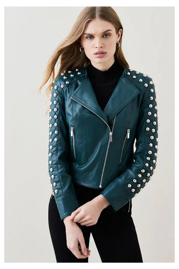 Quilted Studded Leather Jacket in Jade Green