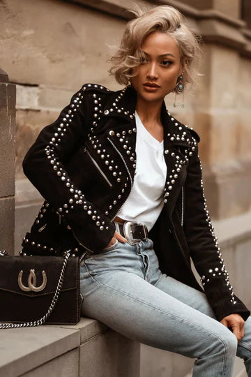 Black Women’s Leather Jacket with Silver Studded Details