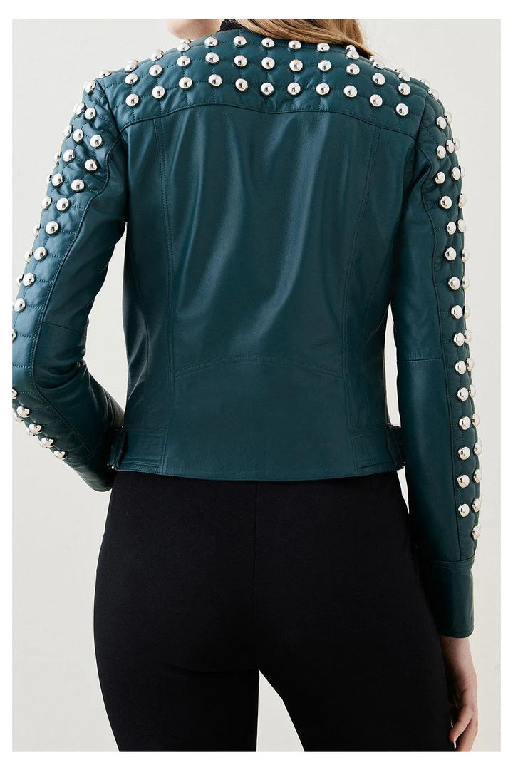 Quilted Studded Leather Jacket in Jade Green