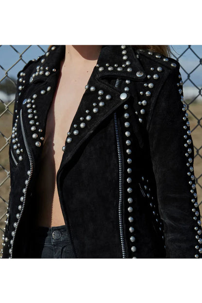 Black Women’s Leather Jacket with Silver Studded Details