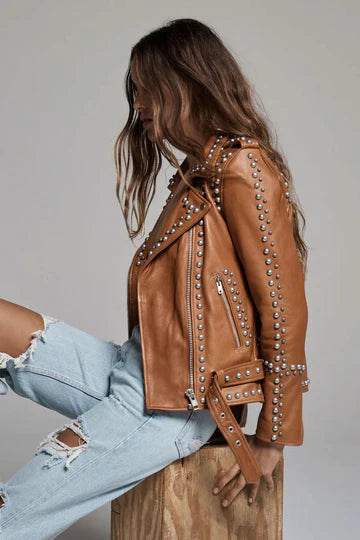 Brown Women’s Leather Jacket with Silver Studded Details