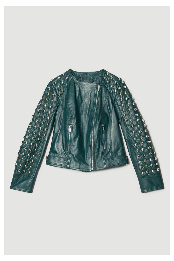 Quilted Studded Leather Jacket in Jade Green