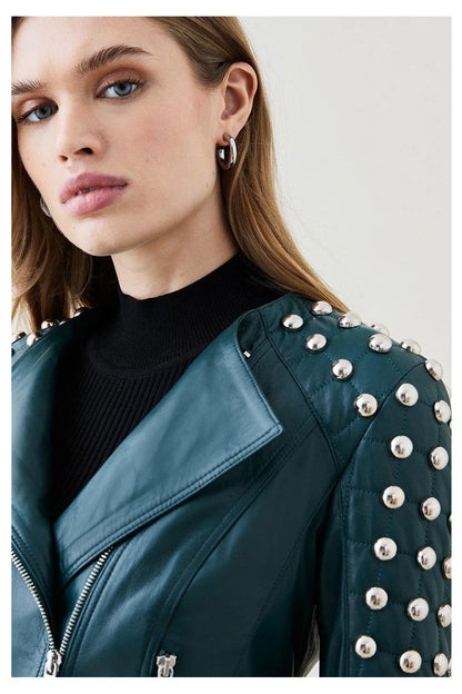 Quilted Studded Leather Jacket in Jade Green