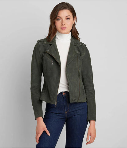 Women's Olive Suede Leather Moto Jacket