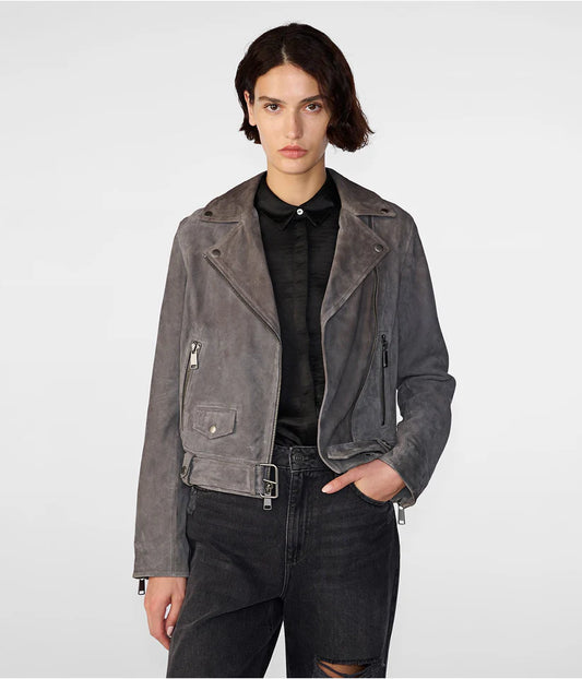 Women's Grey Suede Leather Biker Jacket