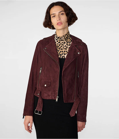 Women's Maroon Suede Leather Biker Jacket