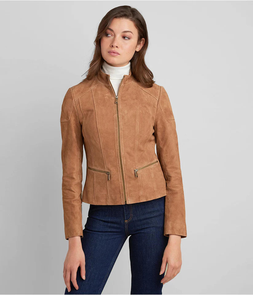 Women's Tan Brown Leather Biker Jacket