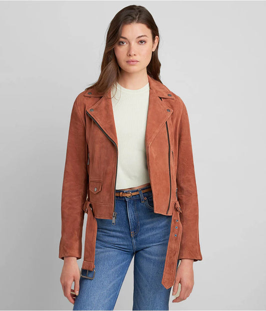 Women's Tan Brown Suede Leather Biker Jacket