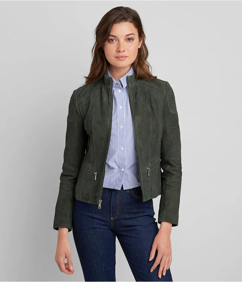 Women's Olive Green Suede Leather Biker Jacket