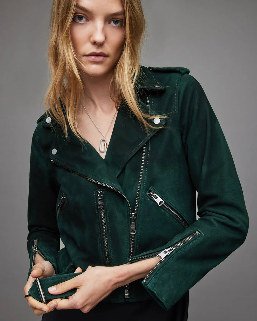 Women's Royal Green Suede Leather Biker Jacket