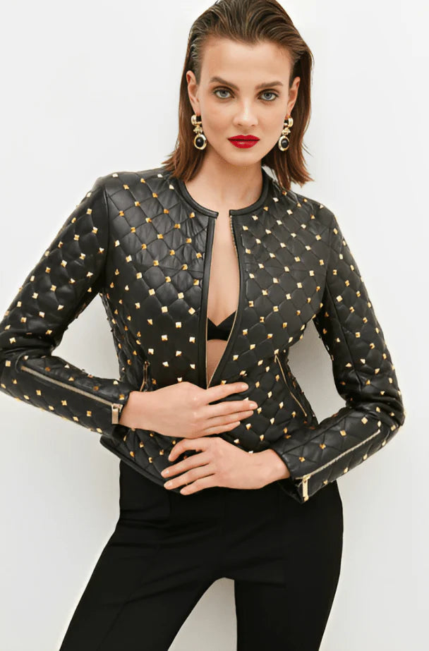 Gold Studded Black Leather Jacket