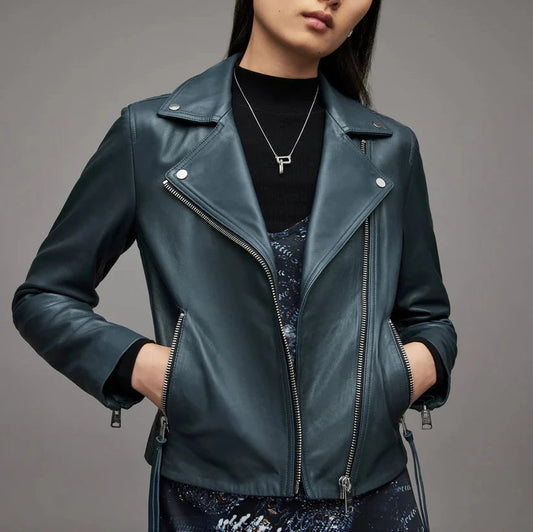 Leather Biker Jacket In Emerald Green