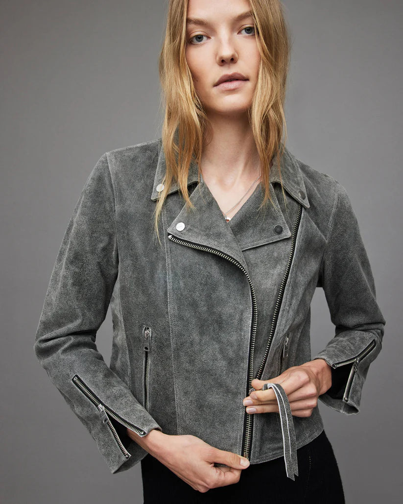 Women's Grey Suede Leather Biker Jacket