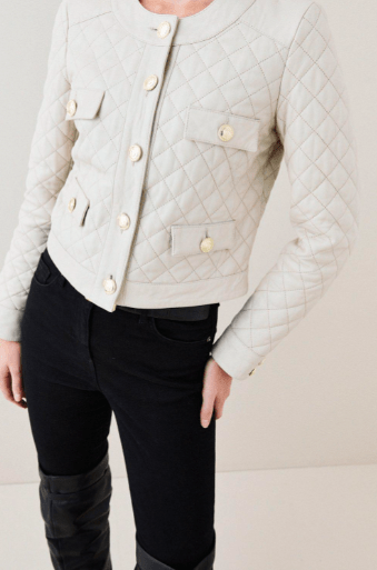 Women's Quilted Leather Trucker Jacket In White