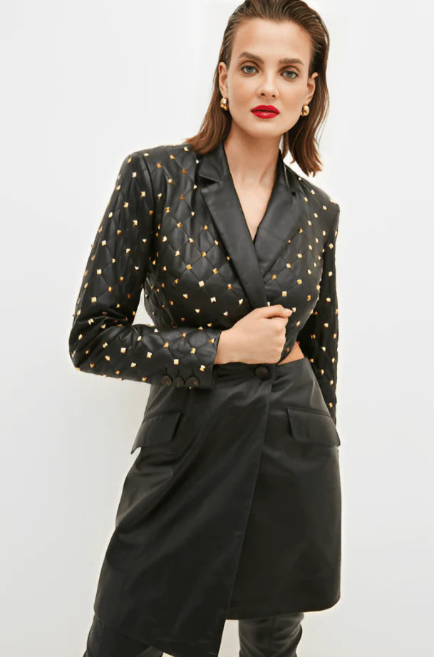 Black Quilted Studded Leather Blazer