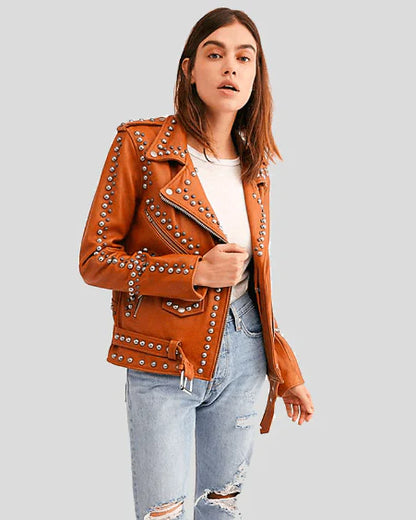 Studded Leather Biker Jacket in Tan Brown