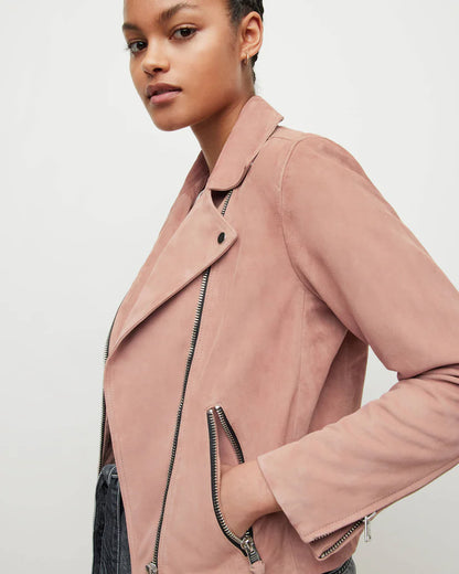 Women's Pink Suede Leather Biker Jacket