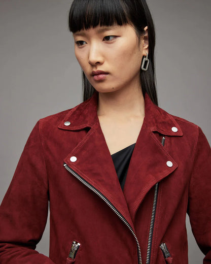 Women's Red Suede Leather Biker Jacket