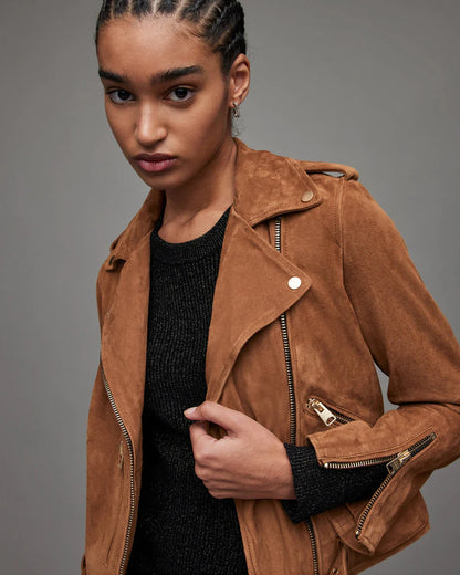 Women's Tan Brown Suede Leather Biker Jacket