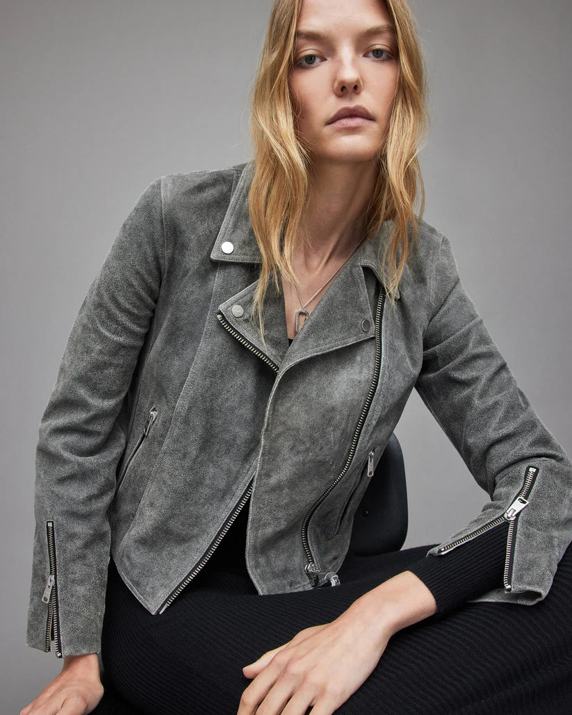 Women's Grey Suede Leather Biker Jacket