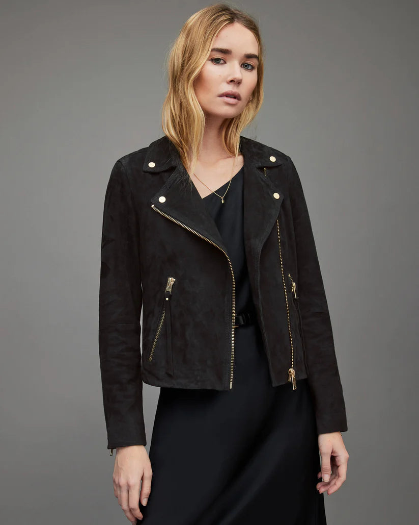 Women's Black Suede Leather Biker Jacket