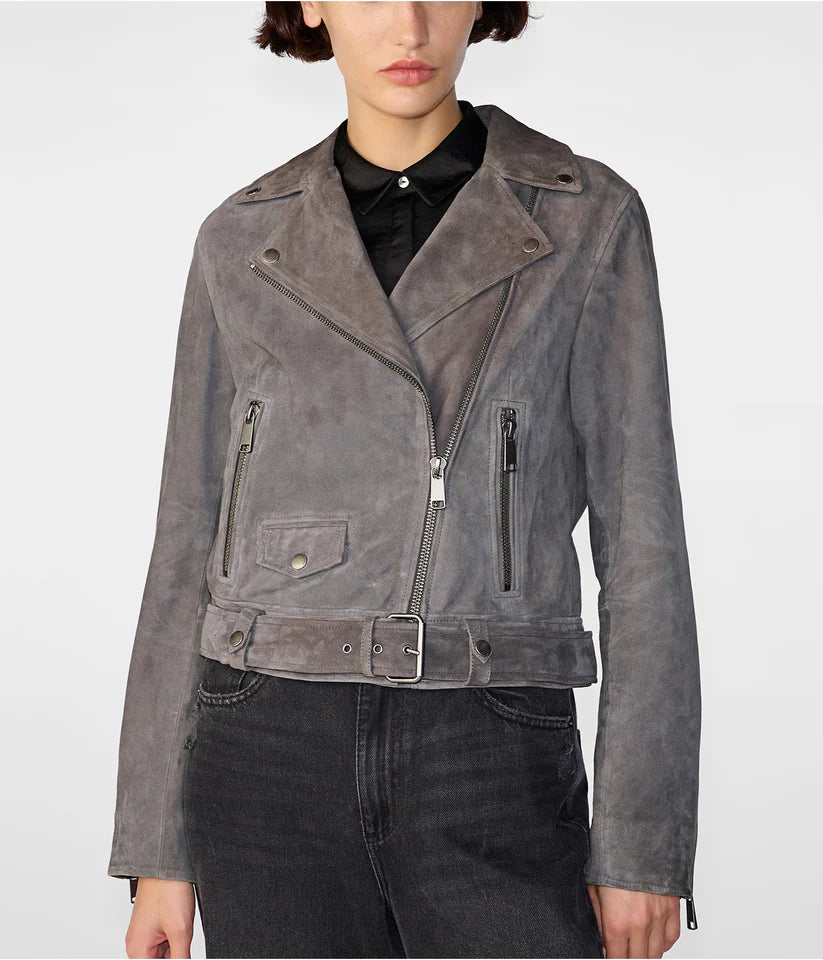 Women's Grey Suede Leather Biker Jacket