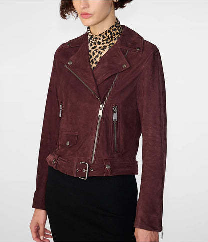 Women's Maroon Suede Leather Biker Jacket