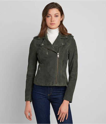 Women's Olive Suede Leather Moto Jacket