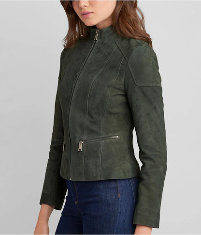 Women's Olive Green Suede Leather Biker Jacket