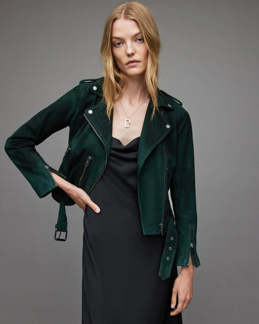 Women's Royal Green Suede Leather Biker Jacket