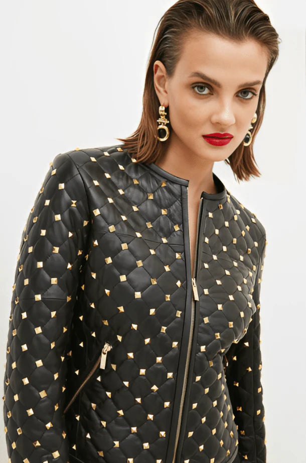 Gold Studded Black Leather Jacket