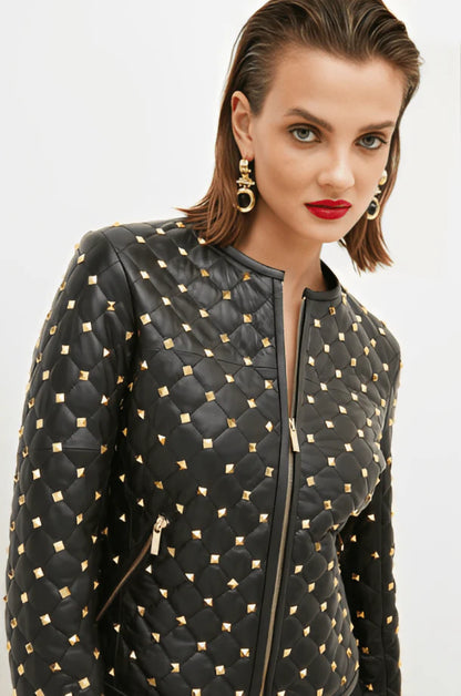 Gold Studded Black Leather Jacket