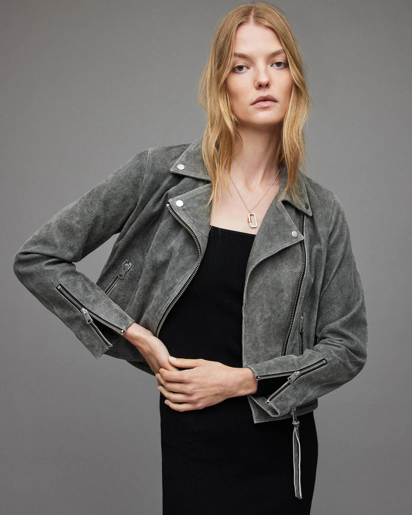 Women's Grey Suede Leather Biker Jacket