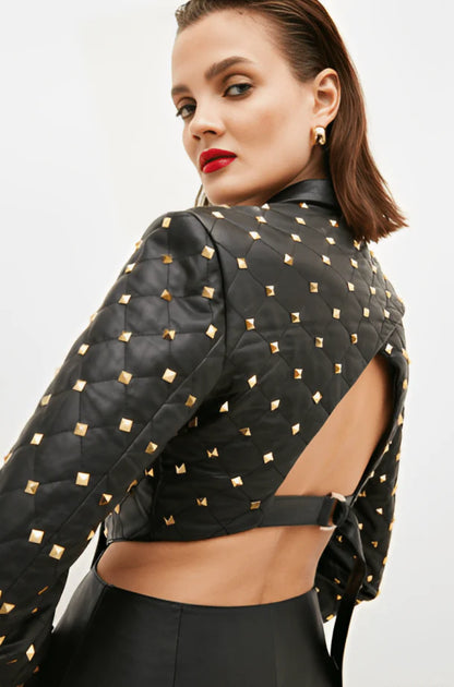 Black Quilted Studded Leather Blazer