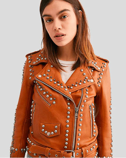 Studded Leather Biker Jacket in Tan Brown