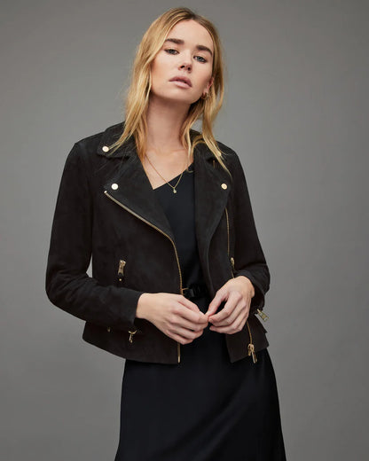 Women's Black Suede Leather Biker Jacket