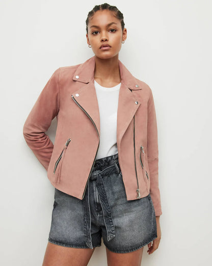 Women's Pink Suede Leather Biker Jacket