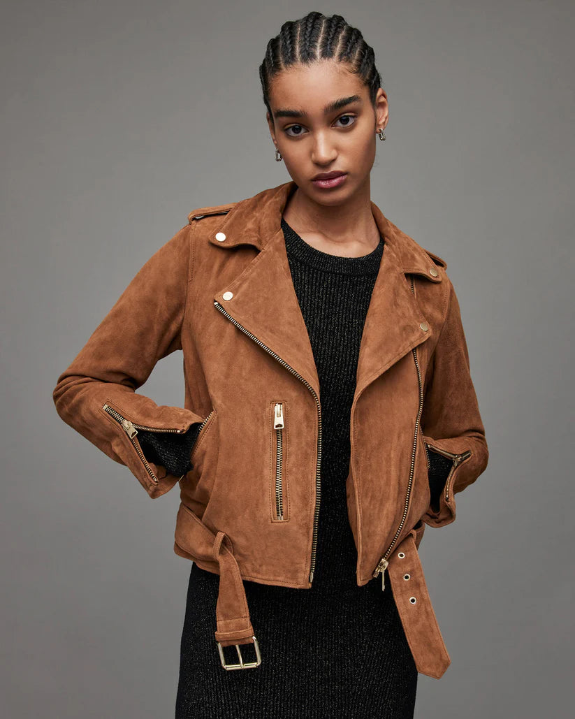 Women's Tan Brown Suede Leather Biker Jacket