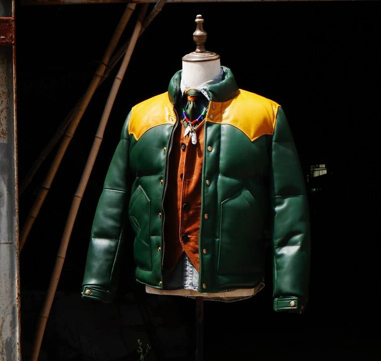 Green Designer Puffer Leather Jacket – Bold & Stylish