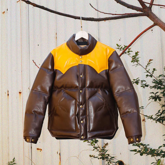 Brown Designer Puffer Leather Jacket – Luxe & Stylish