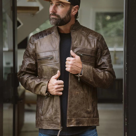 Distressed Brown Cafe Race Jacket