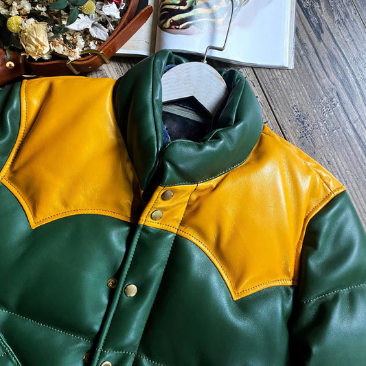 Green Designer Puffer Leather Jacket – Bold & Stylish