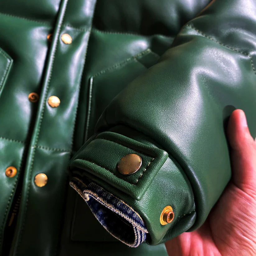 Green Designer Puffer Leather Jacket – Bold & Stylish