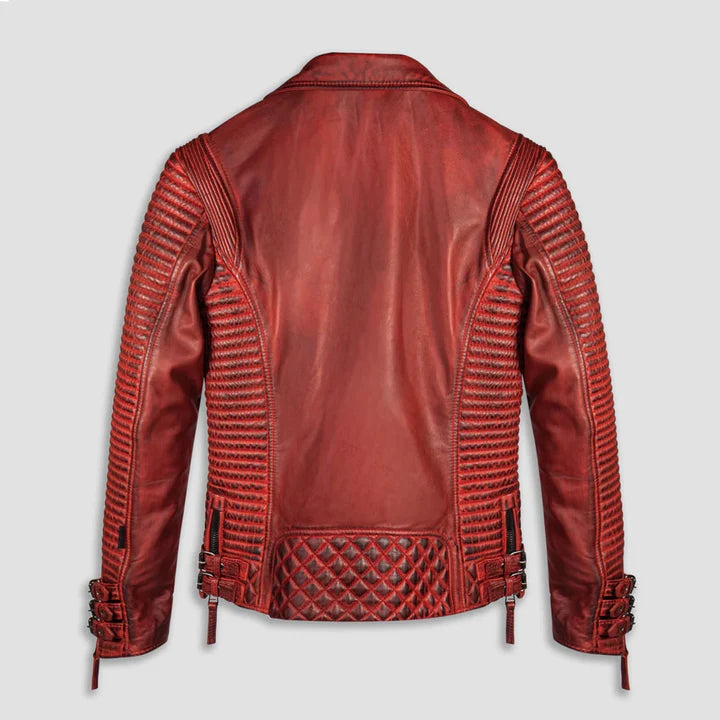 Men Red Waxed Biker Leather Motorcycle Jacket