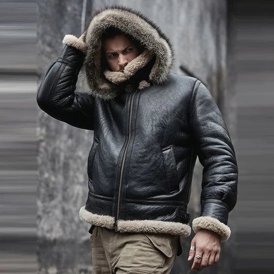 Hooded RAF Aviator B3 Sheepskin Black Shearling Jacket