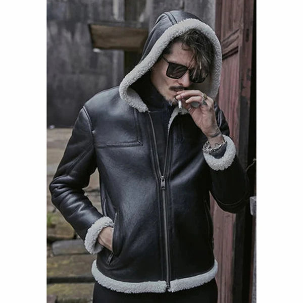 Men’s Black Sheepskin Leather White Shearling Jacket with Hood - Stylish & Cozy