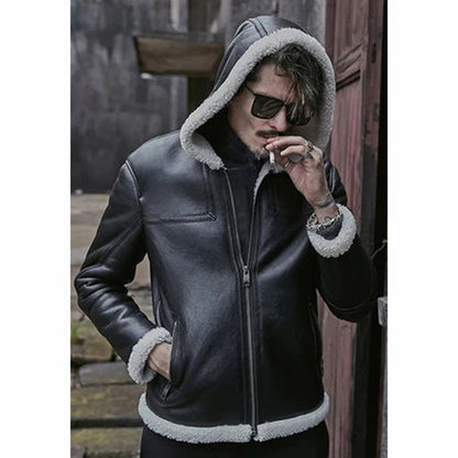 Men’s Black Sheepskin Leather White Shearling Jacket with Hood - Stylish & Cozy