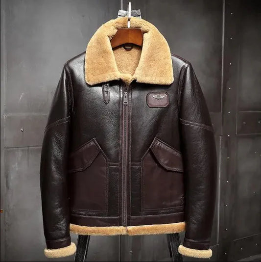 Men's Brown B3 Shearling Fur Sheepskin Leather Airforce Flight Jacket