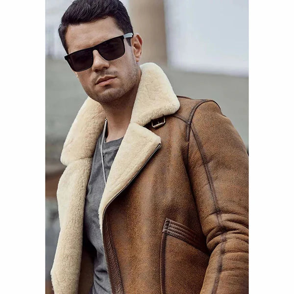 Men’s Tan Brown Leather Shearling Jacket - Timeless & Stylish